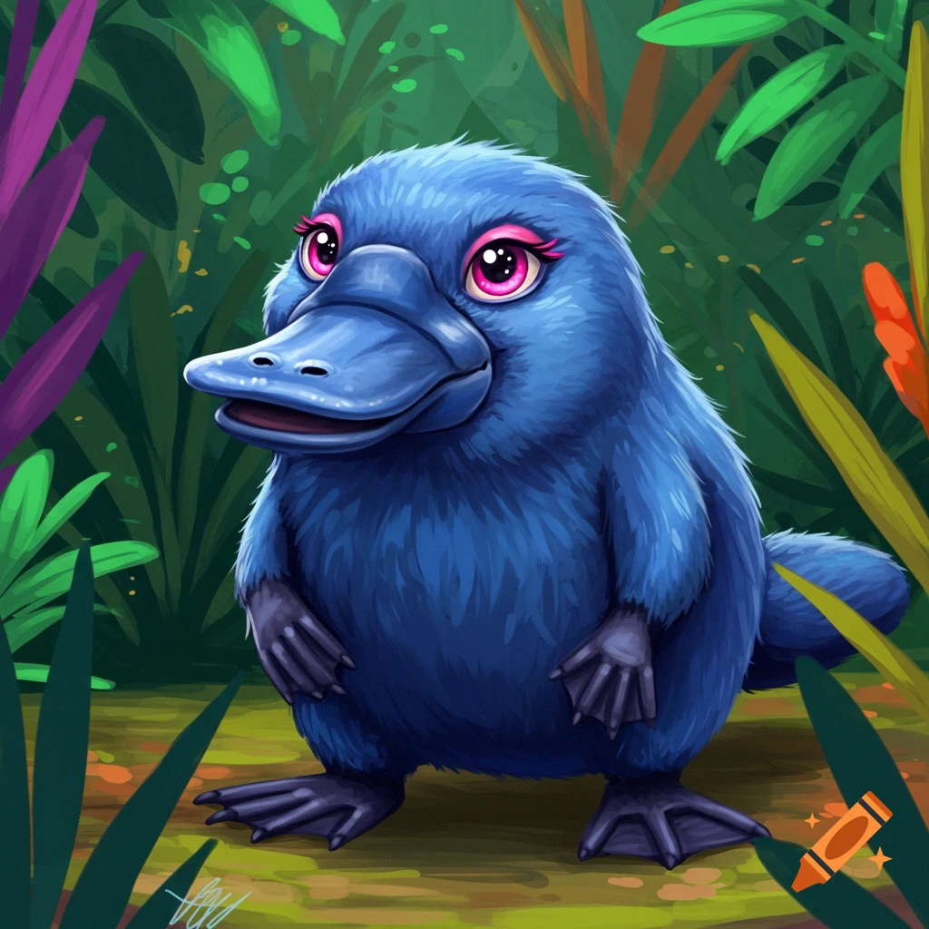 A cute blue platypus in a jungle.