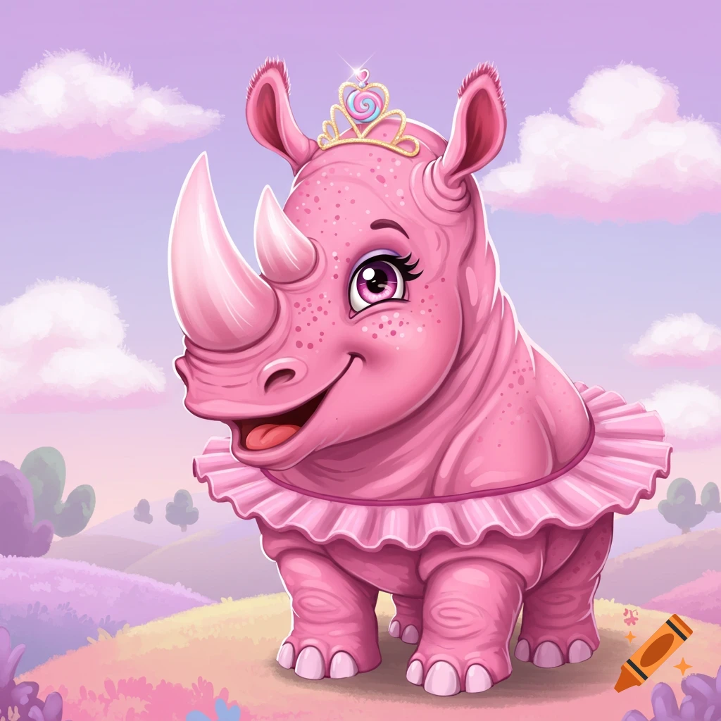 A cute pink rhino wearing a tutu and crown in a pastel landscape.