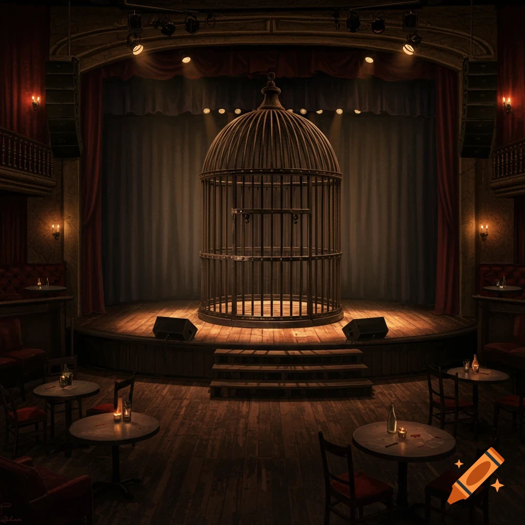 An empty stage with a large cage in a dark jazz club.