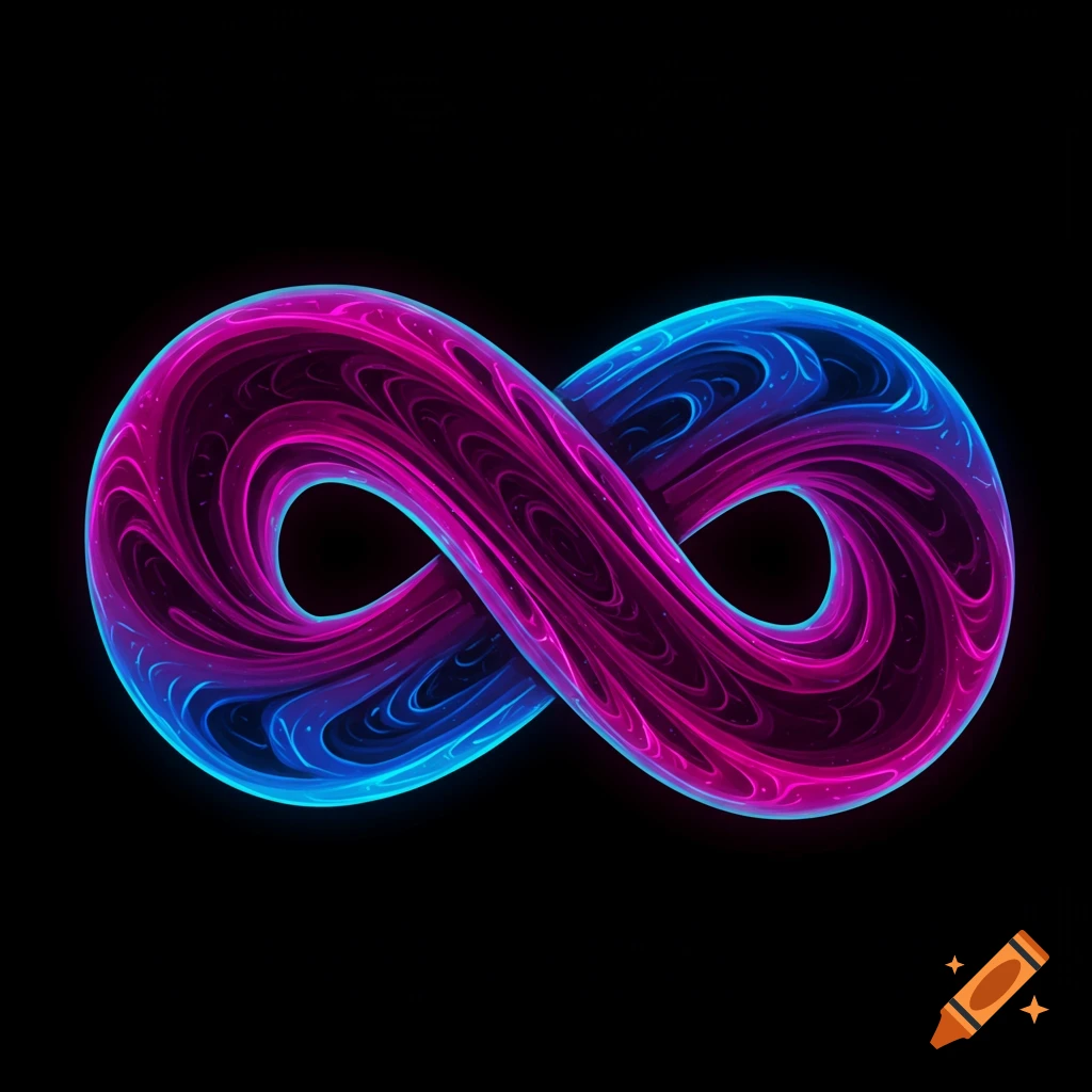 A glowing abstract infinity symbol rendered in swirling pink and blue light against a black background.
