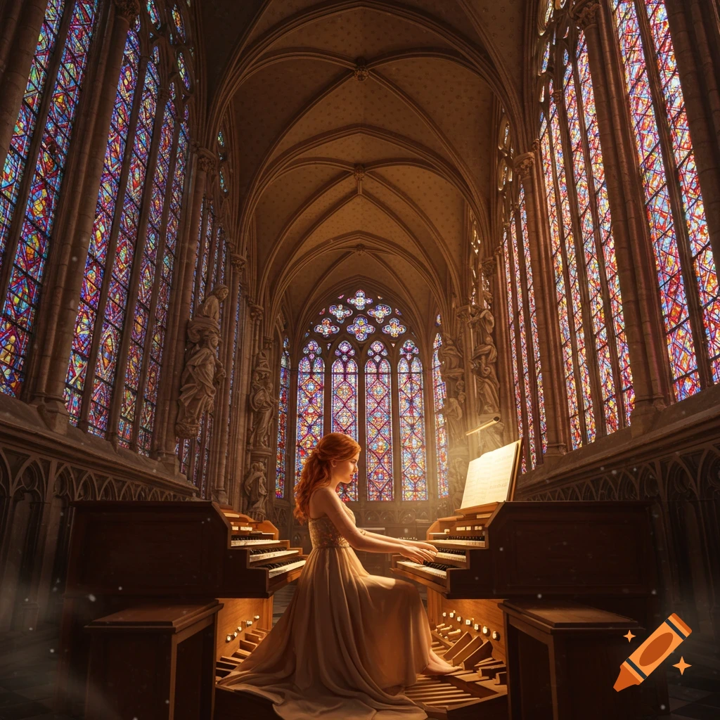 A woman plays an organ in a gothic cathedral with vibrant stained glass windows.
