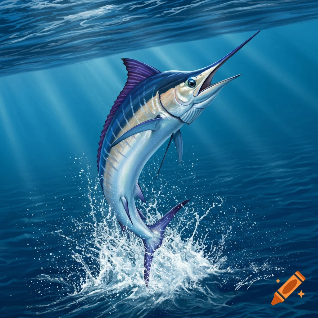 A blue marlin leaps from the ocean.