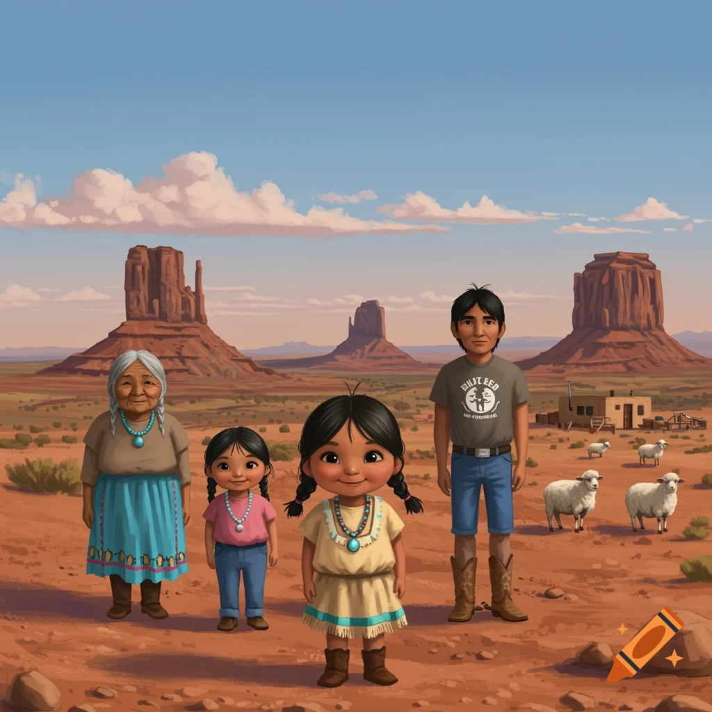 A Native American family (grandmother, father, two children) stands in a desert landscape with Monument Valley-like mesas and sheep.