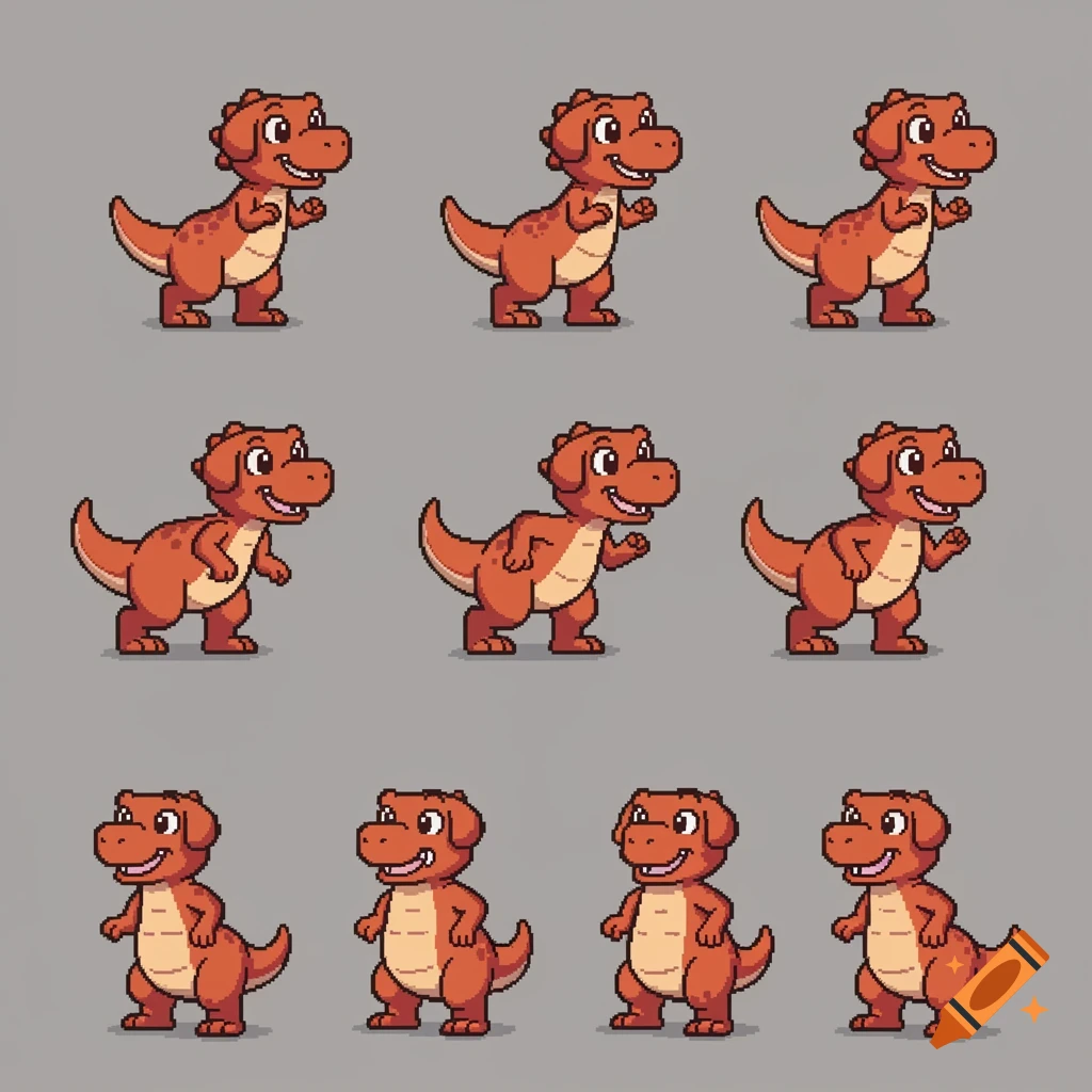 Pixel art character sheet of an orange dinosaur.