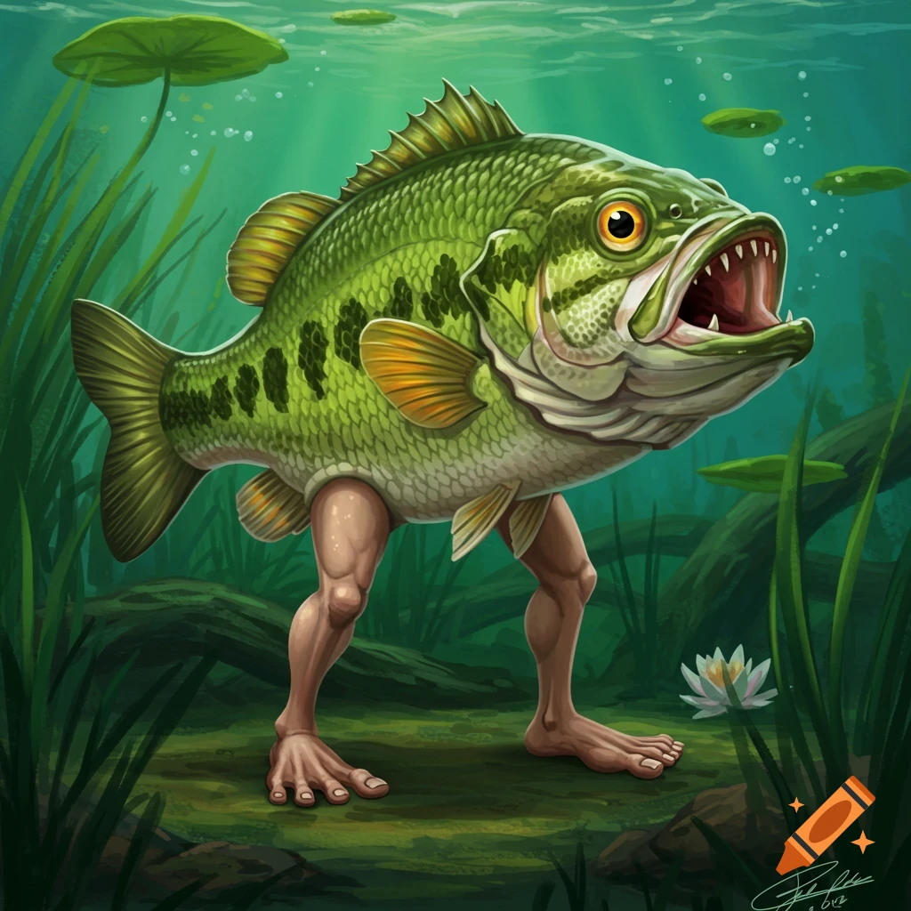 A large mouth bass fish standing on legs and feet at the bottom of a lake