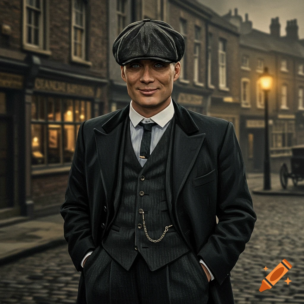 A man in a black suit and flat cap stands in a cobblestone street in front of buildings.