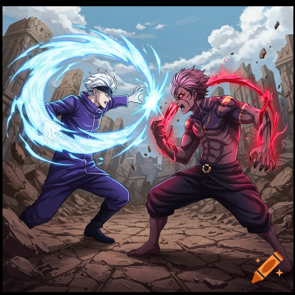 Anime characters Satoru Gojo and Sukuna fight with energy blasts in a ruined landscape.