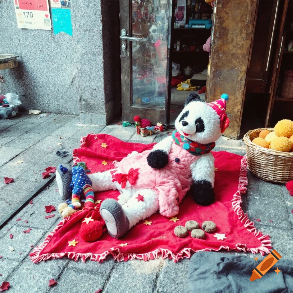A panda toy sits on a red blanket outside a shop, with cookies and a basket nearby.
