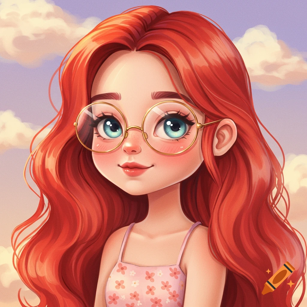 A cute cartoon girl with long red hair, glasses, and blue eyes against a cloudy sky.