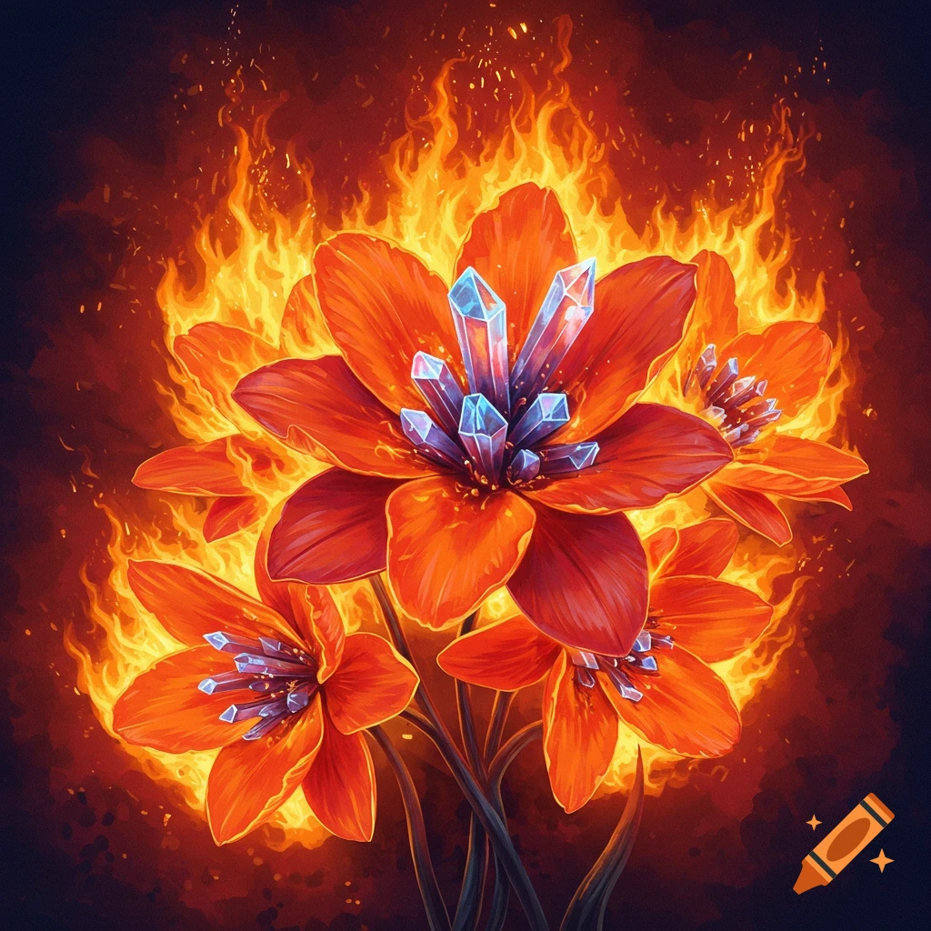 Orange flowers with crystals in the center surrounded by fire.