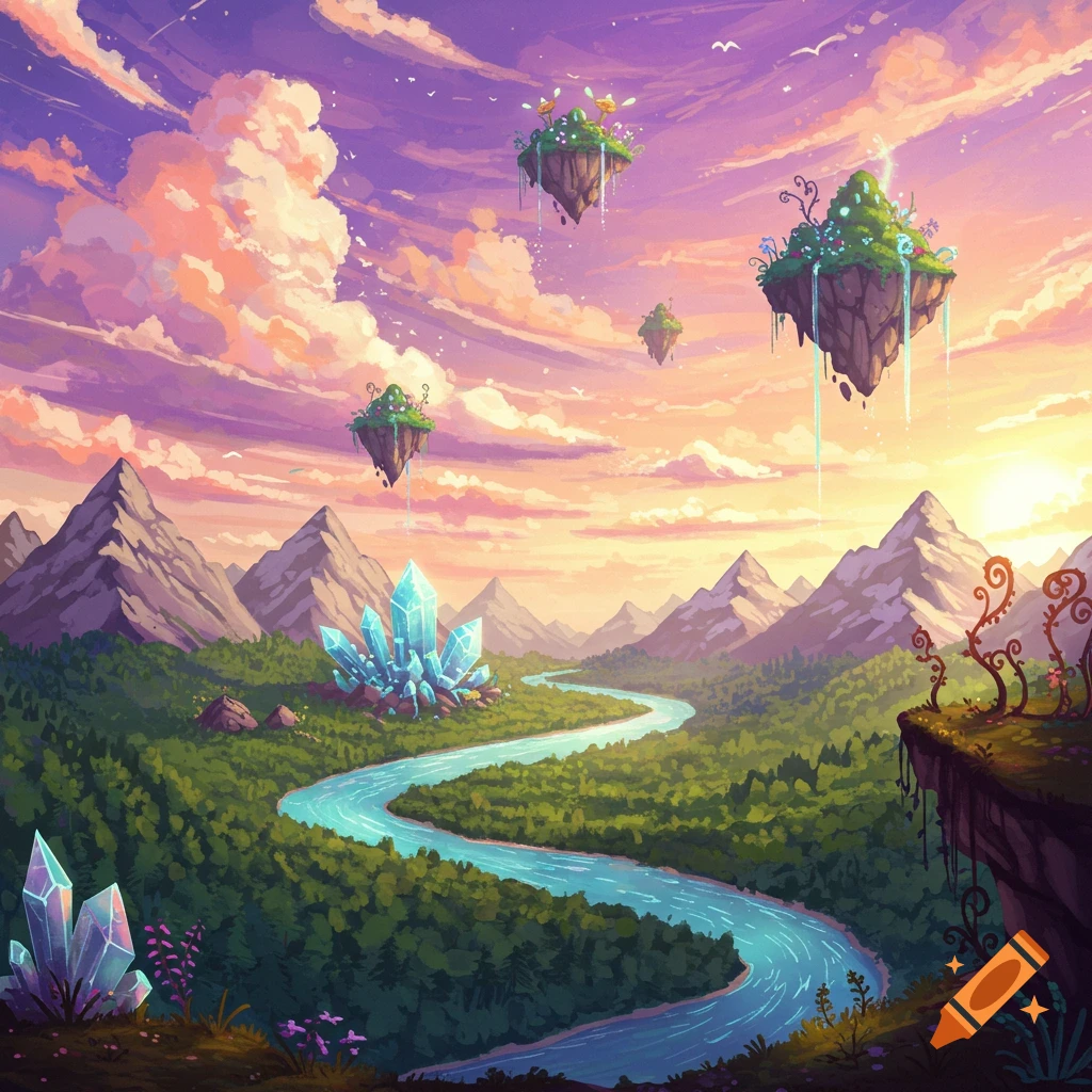 Stylized image of a vibrant fantasy landscape with mountains, a winding river, floating islands, and large crystals under a colorful sunset sky.