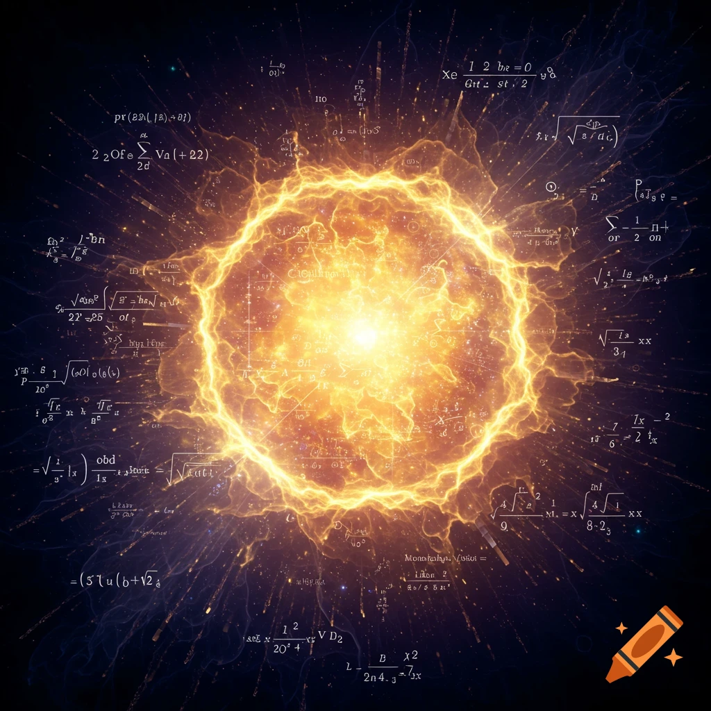 A bright, swirling orange energy sphere surrounded by floating mathematical equations and symbols against a dark background.