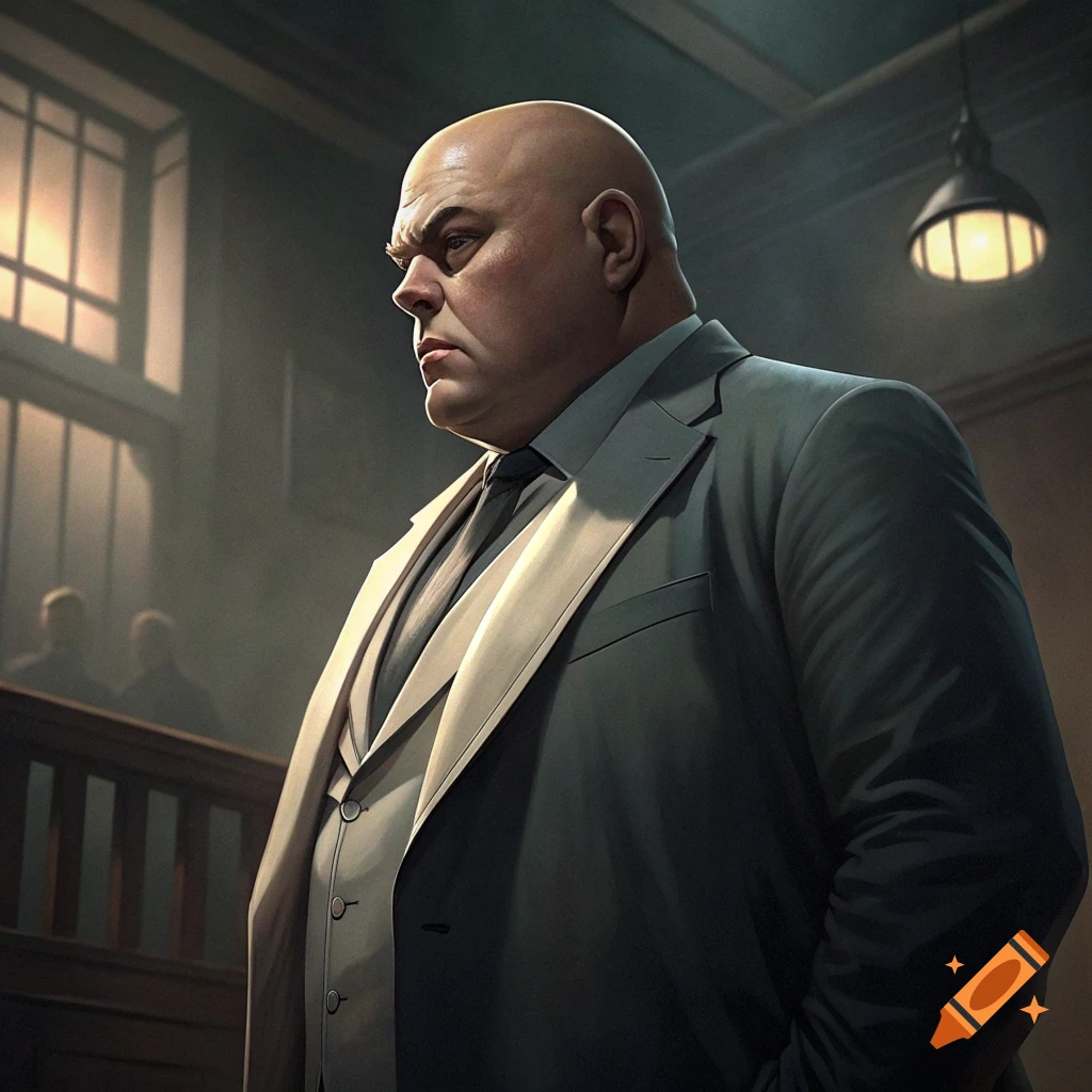 A bald, heavy-set man in a suit stands in a dimly lit room, likely a courtroom.