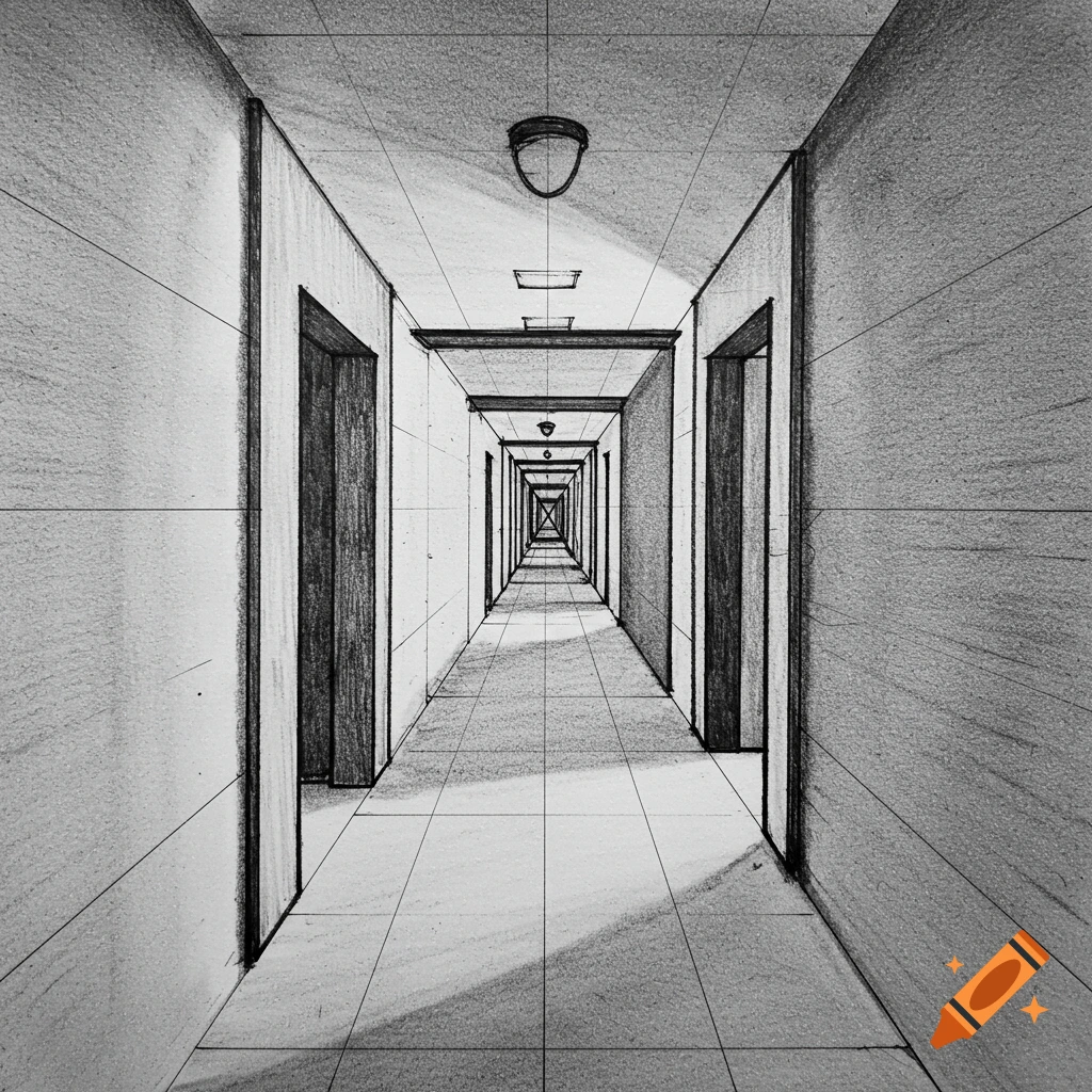 Pencil sketch of a long hallway in one-point perspective.