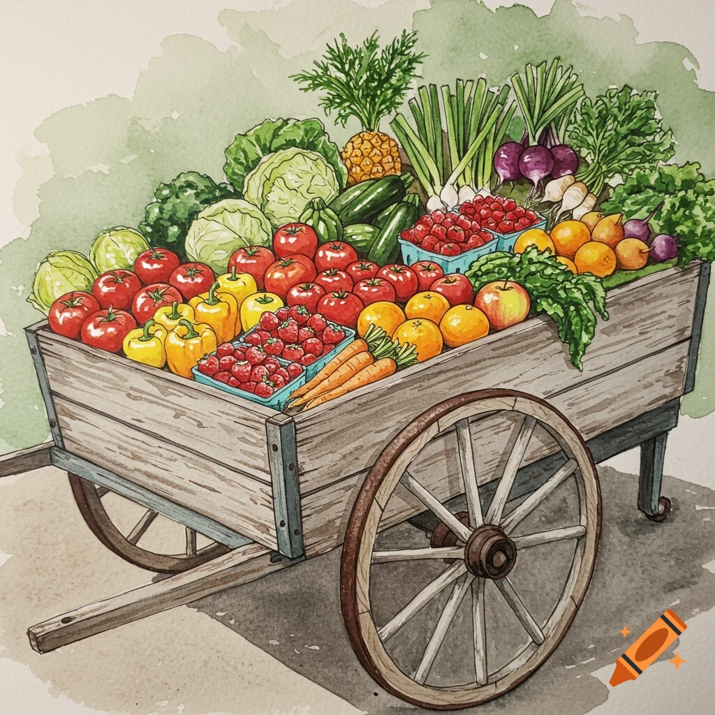 A watercolor illustration of a farmers market cart overflowing with fresh produce.
