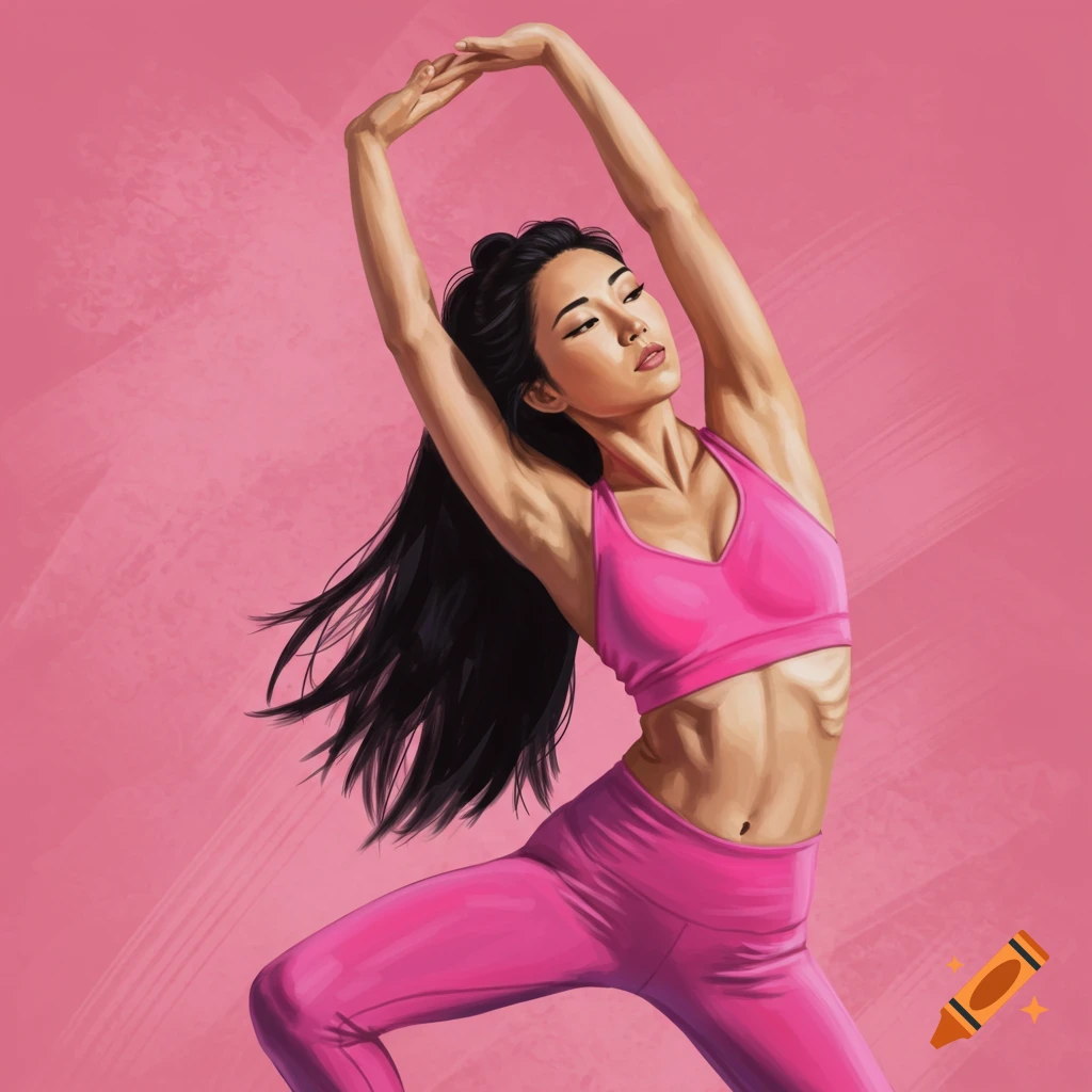 A woman in pink athletic wear stretching her arms up.