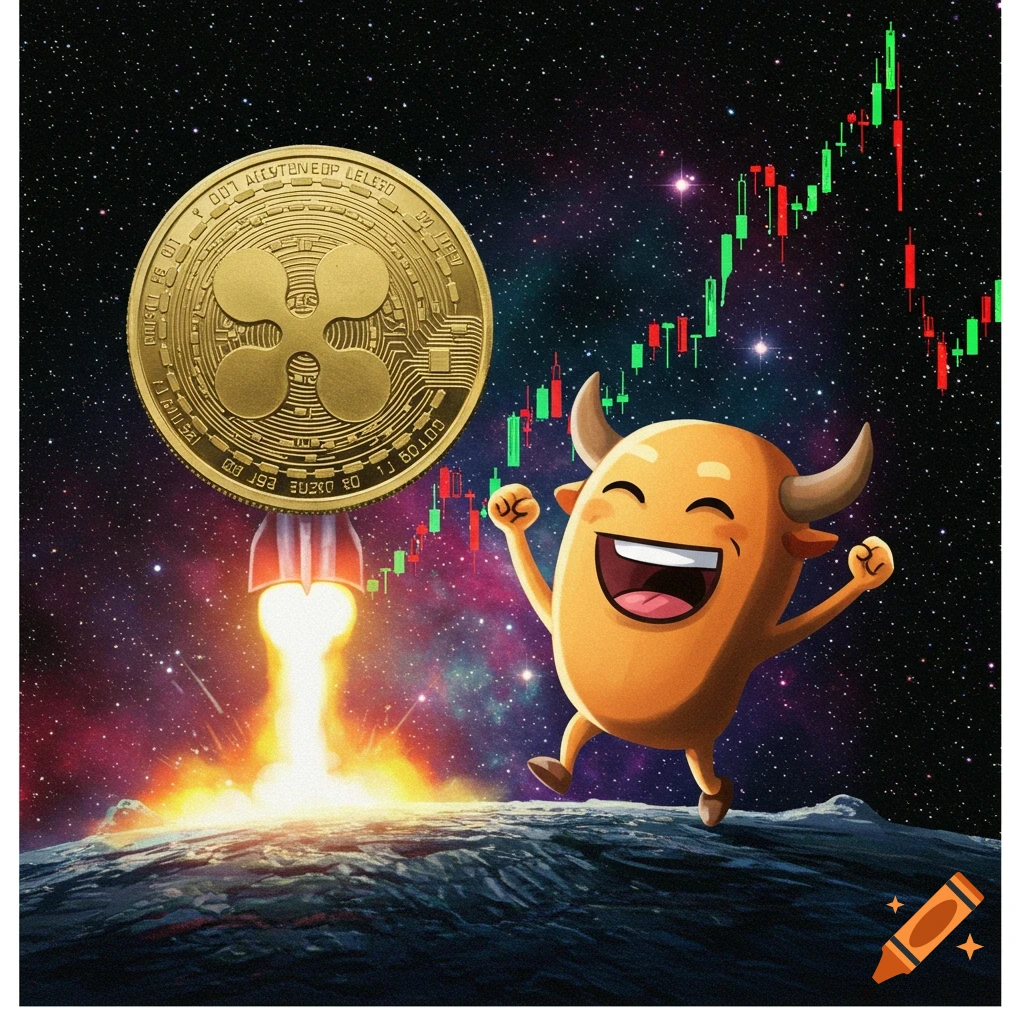 Cartoon bull celebrates as gold crypto coin blasts off like a rocket from a planet with stock chart in space.
