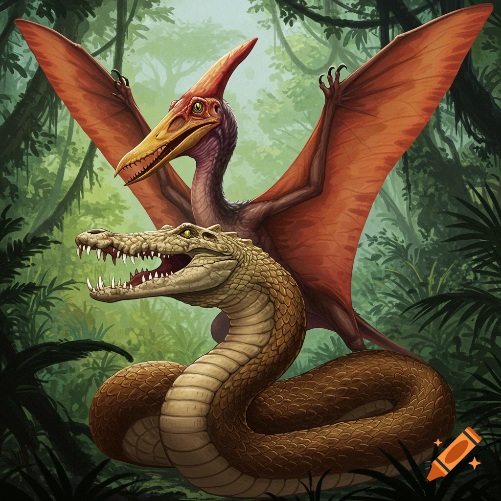 A pterodactyl-like creature flies above a crocodile-headed snake in a jungle.