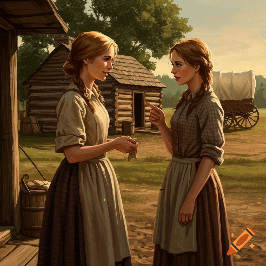 Two pioneer women talking outside a log cabin with a covered wagon in the background.