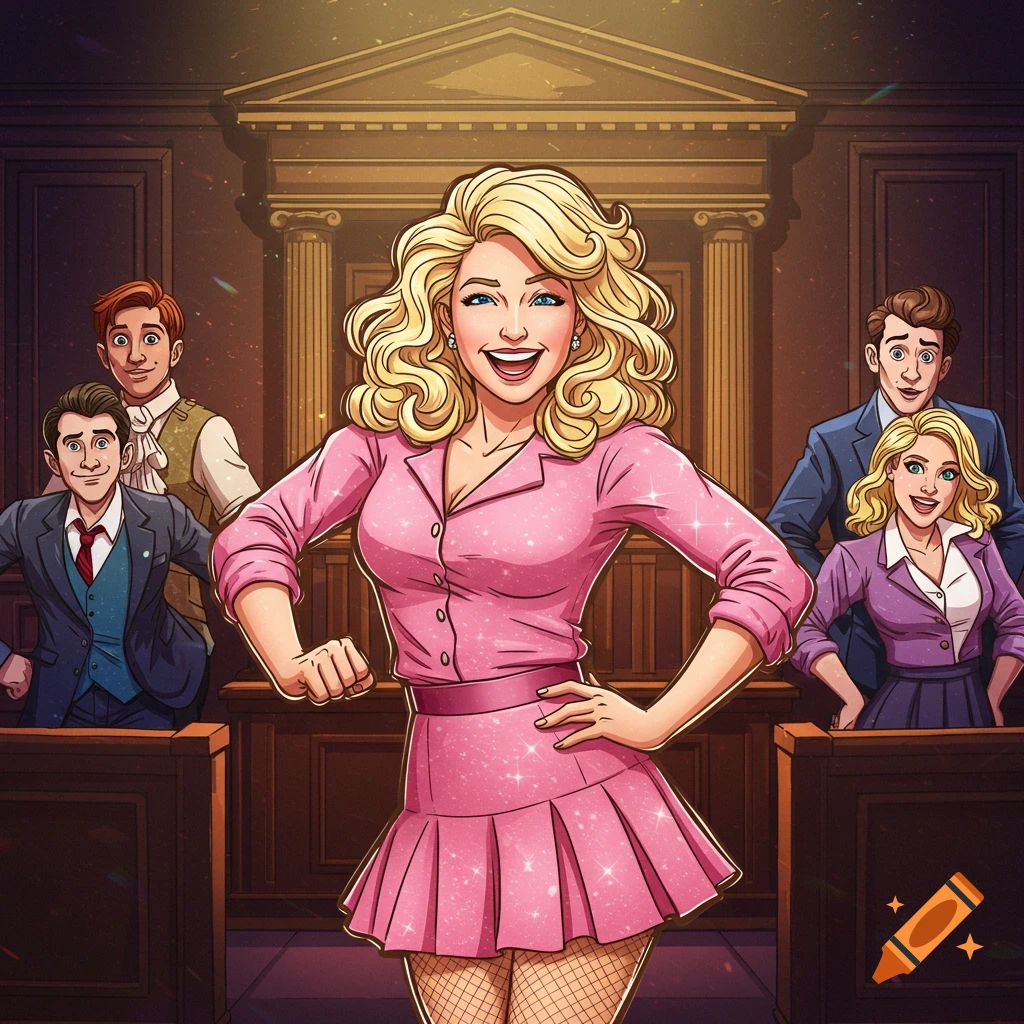 Cartoon woman in pink dress and fishnets in a courtroom with three other characters.