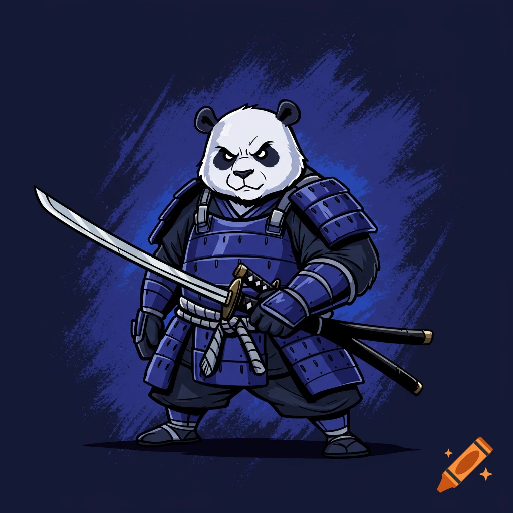Cartoon panda wearing blue samurai armor and holding a sword against a dark blue background.