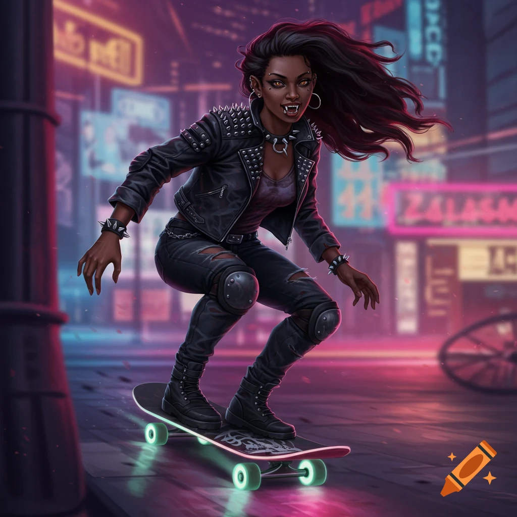 A female vampire with fangs and piercings skateboarding down a neon-lit cyberpunk city street.