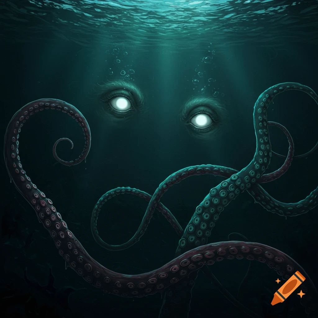 Kraken's glowing eyes and tentacles rising from dark underwater depths.
