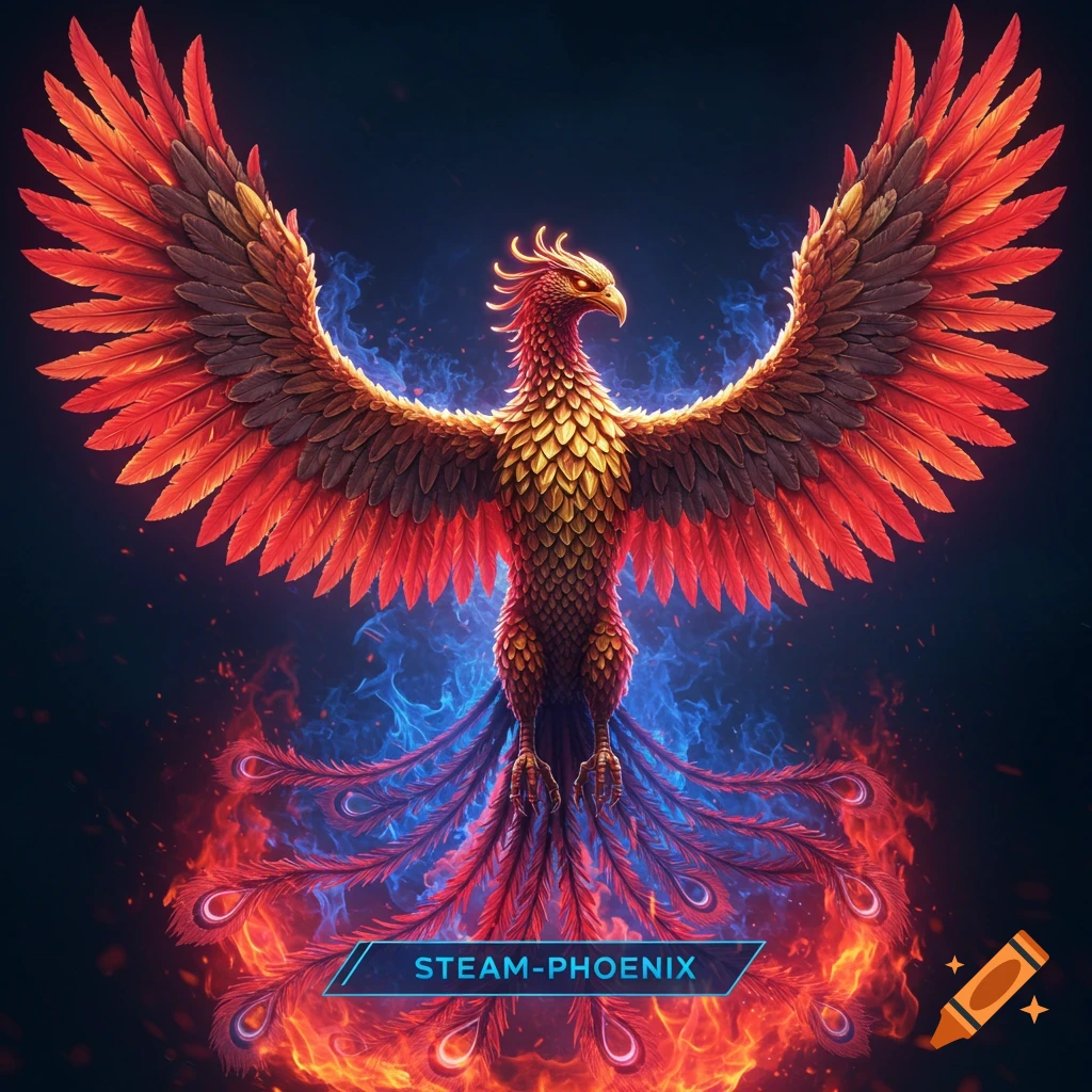 A majestic fiery phoenix with wings spread, standing in red and blue flames with text overlay.
