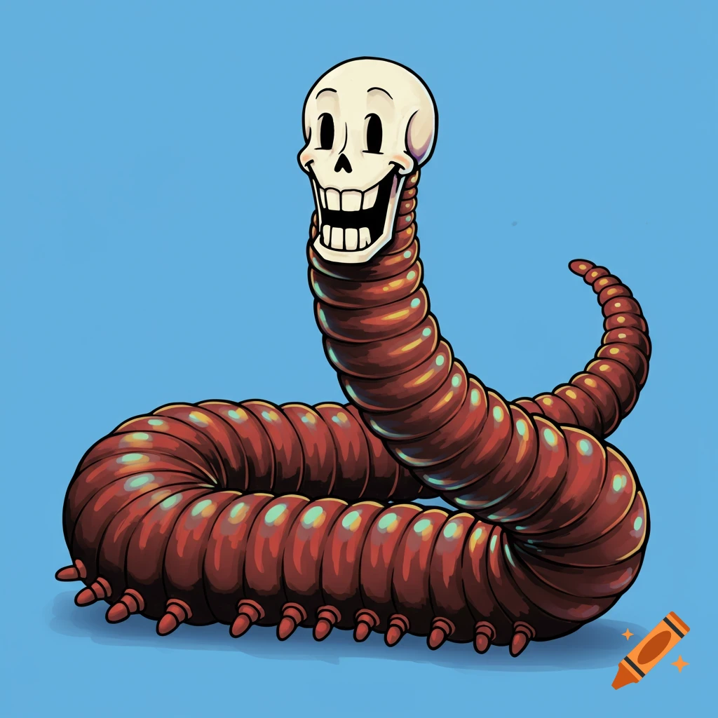 A cartoon illustration of a skeleton head on a worm body with many legs, on a blue background.