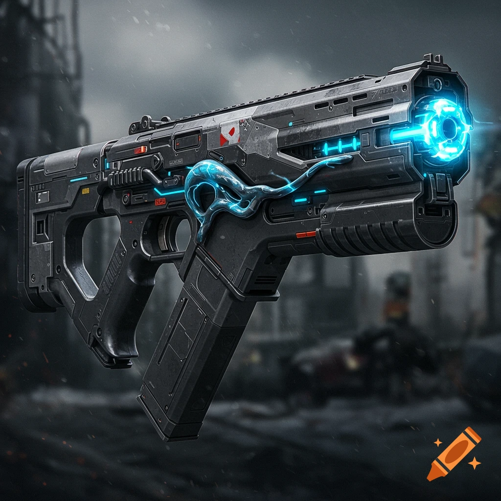 A detailed close-up of a futuristic sci-fi gun with blue glowing parts.