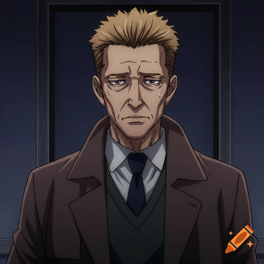 An anime-style portrait of a middle-aged man with a depressed expression wearing a trench coat.