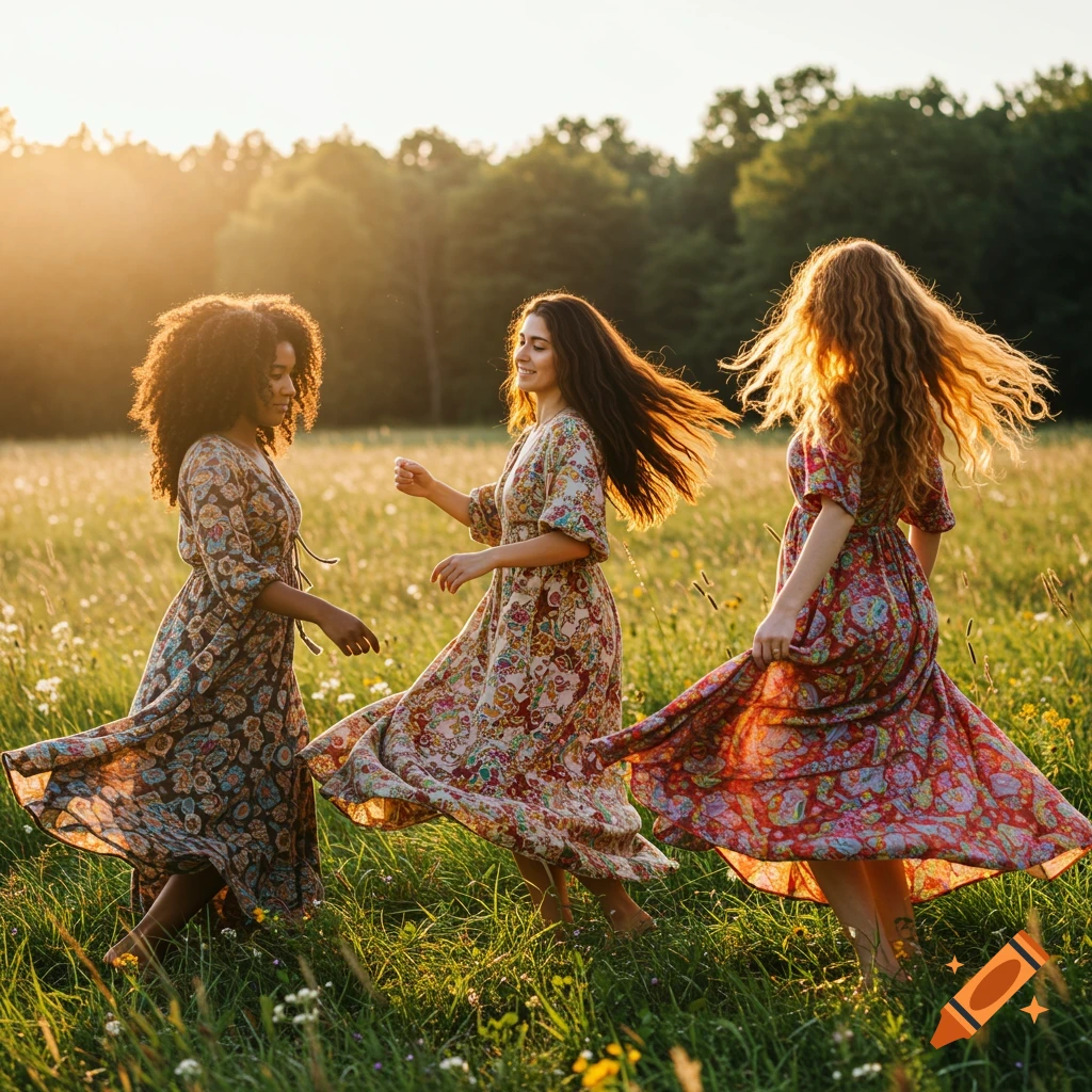 Three women in colorful flowing dresses dance in a sun-drenched meadow.