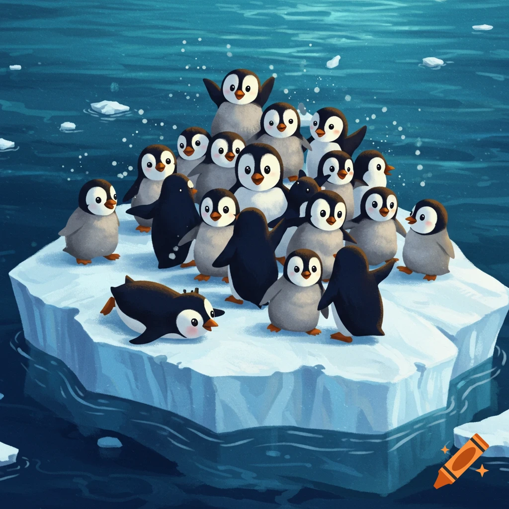 Cartoon penguins gather on a small ice floe in the water