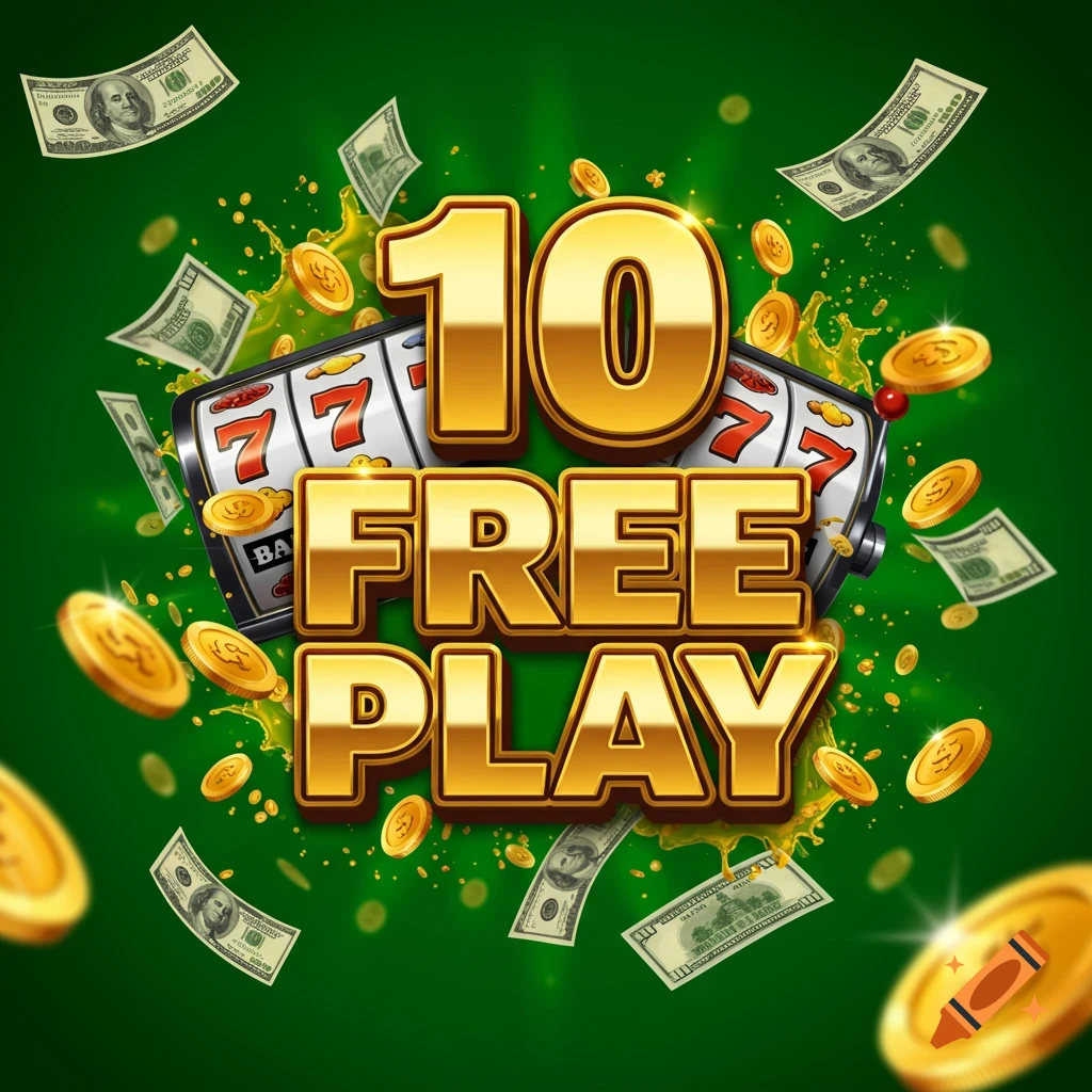 Digital illustration of a slot machine with text "10 Free Play" surrounded by floating gold coins and US dollar bills on a green background.