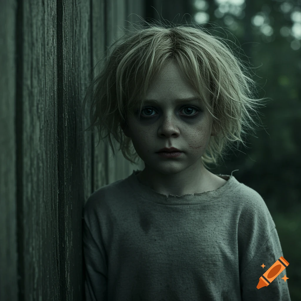 A realistic cinematic portrait of a young child with messy blonde hair, dark circles under their eyes, and dirt marks, leaning against a dark wooden wall.