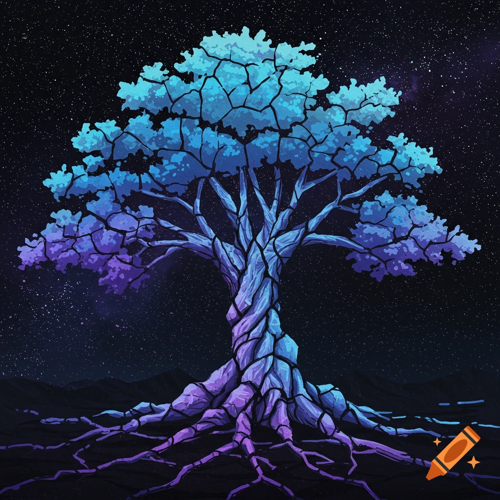 A tree made of blue and purple cracks stands against a starry sky.