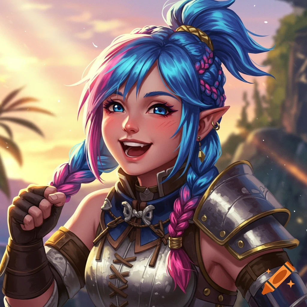 A smiling fantasy character with blue and pink hair, wearing armor, pulling on a braid.