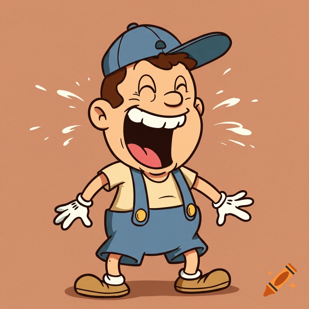 Retro cartoon of a boy in a baseball cap and overalls laughing.