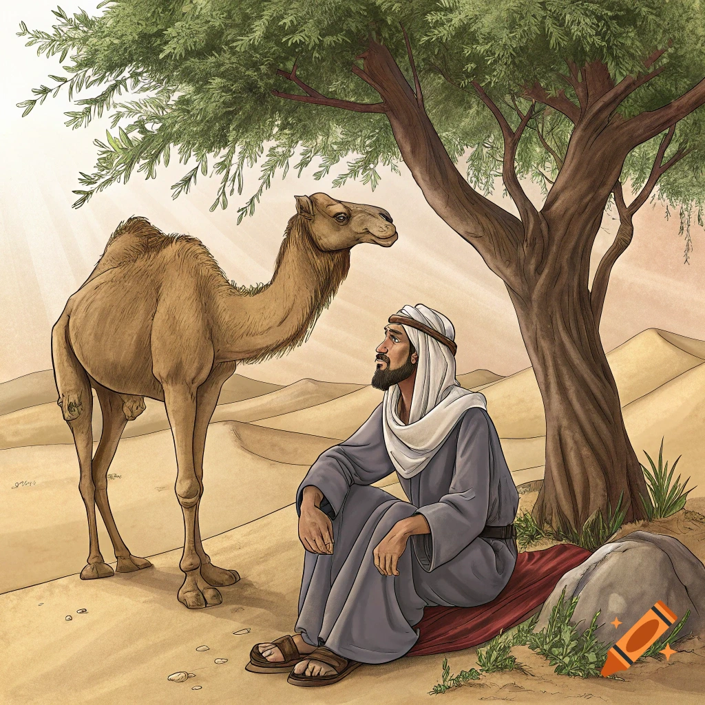 Illustration of a man in robes sitting under a tree in the desert, looking at a camel.