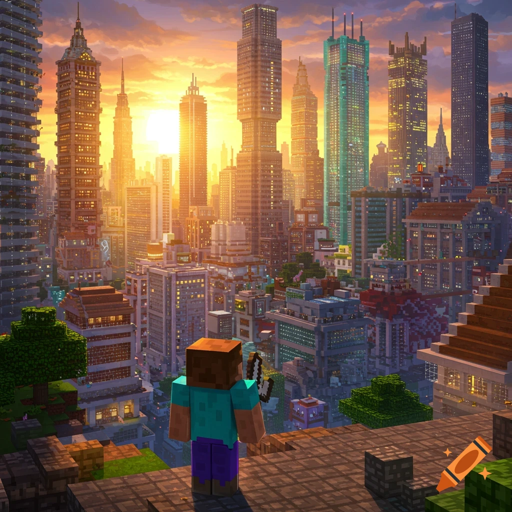 Minecraft player views a large voxel city skyline at sunset.