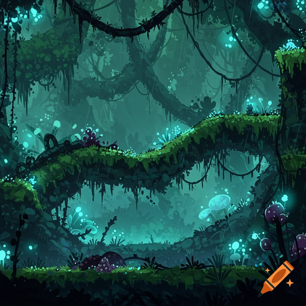 A dark, rainy jungle with glowing blue plants, vines, and small creatures.