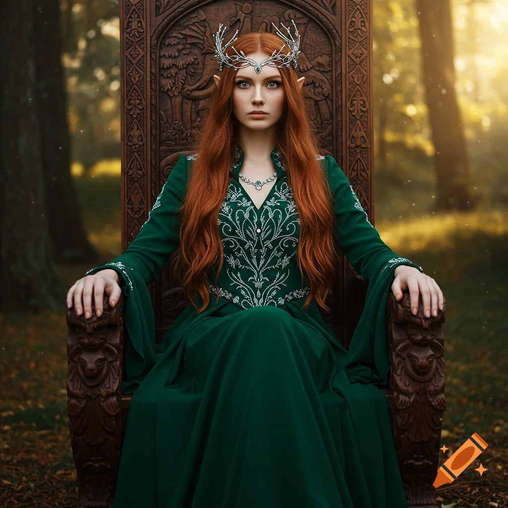A regal elf woman with red hair sits on a carved throne in a forest.