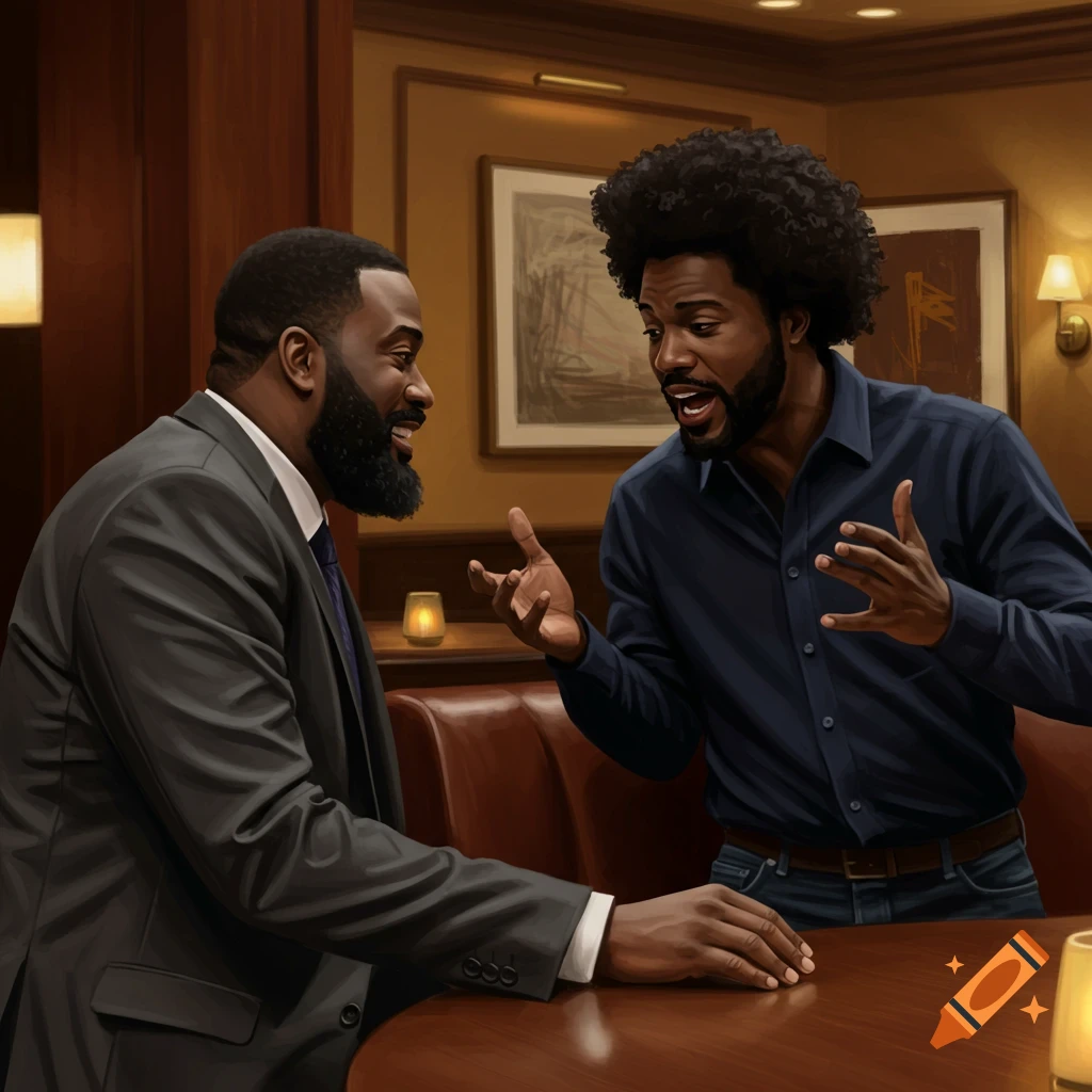 Two men having a conversation in a restaurant.