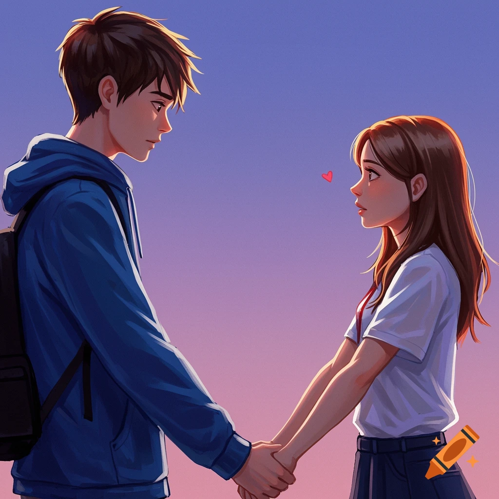 A boy and girl holding hands look at each other in an anime style.