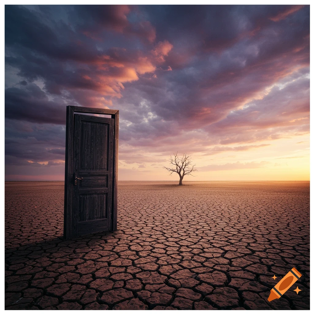A dark wooden door stands open in a cracked desert landscape under a dramatic sunset sky with a lone tree.