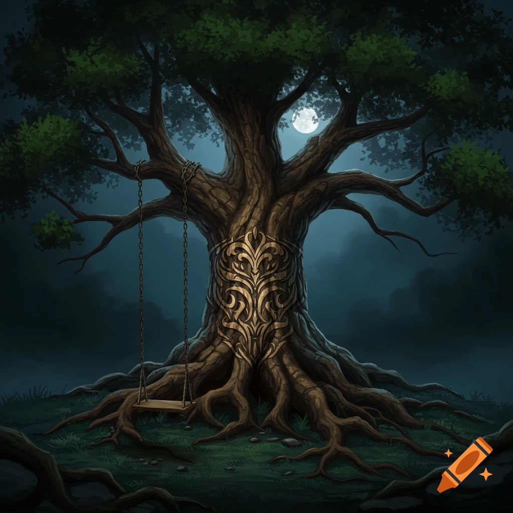 A large, ancient tree stands under the moonlight, featuring a swing and ornate carving.