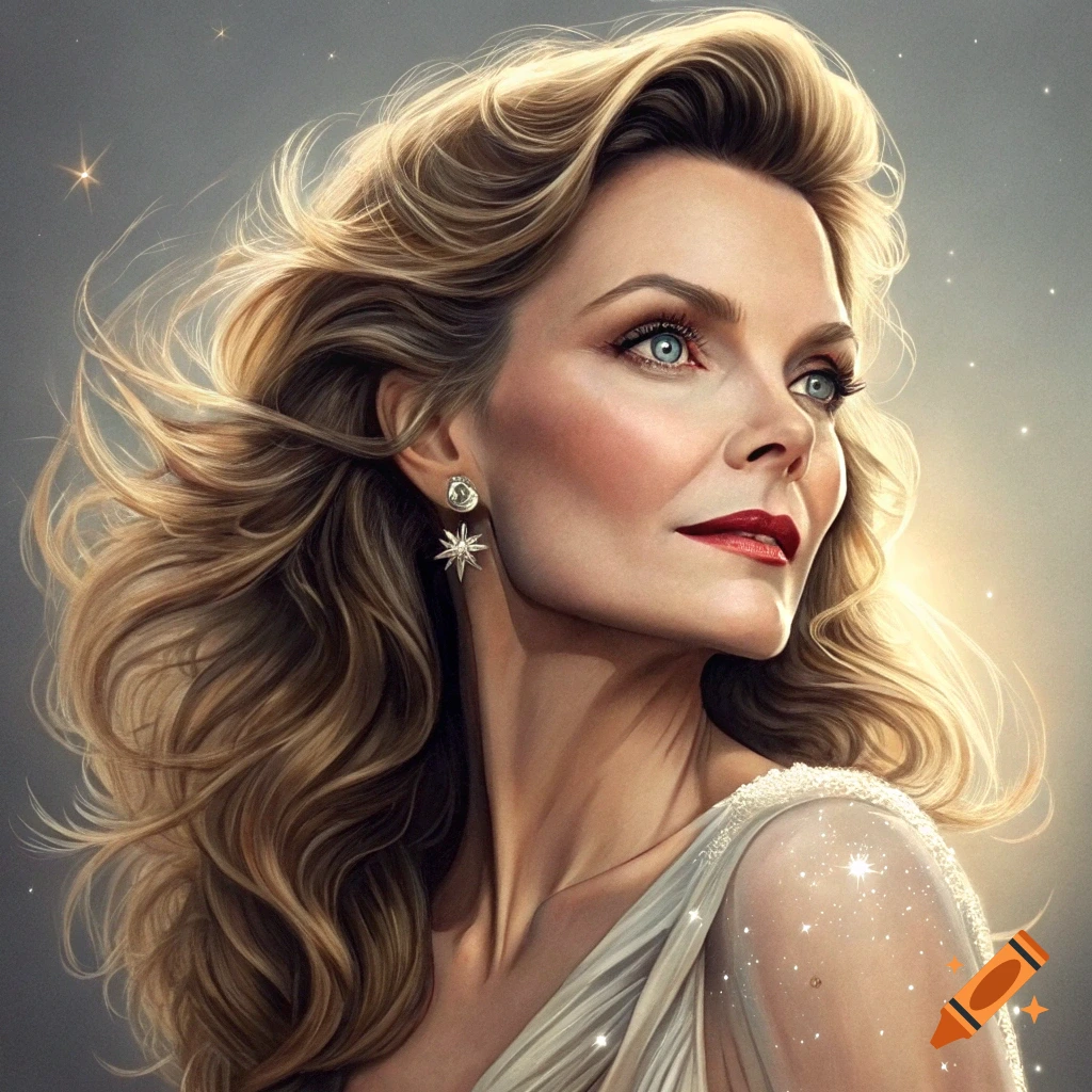 Close-up portrait of a glamorous woman with blonde hair and sparkling earrings.