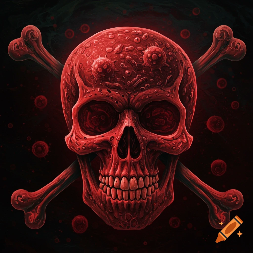 Red skull and crossbones textured like cells on a dark background.