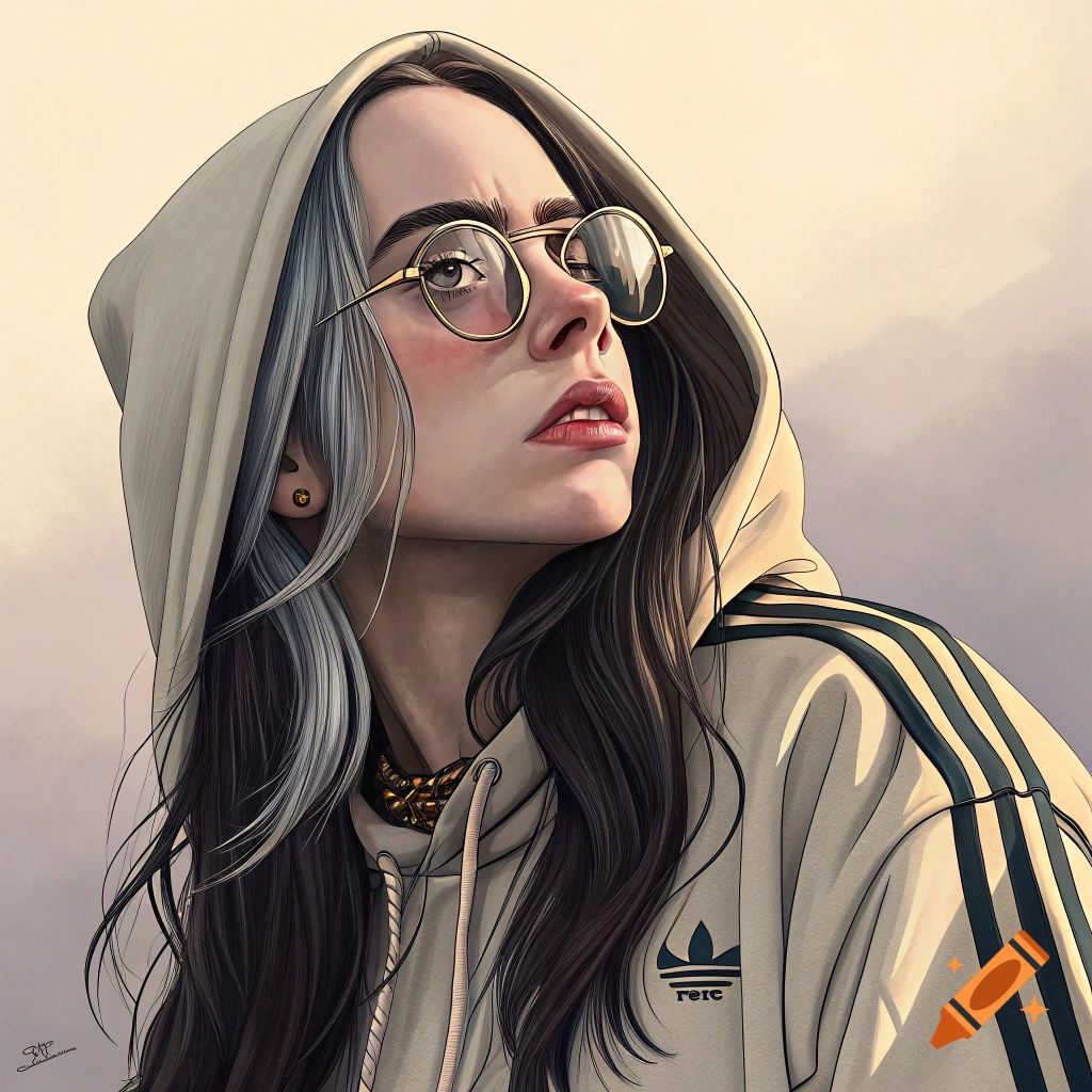 Stylized portrait of a woman with glasses and hoodie looking up.