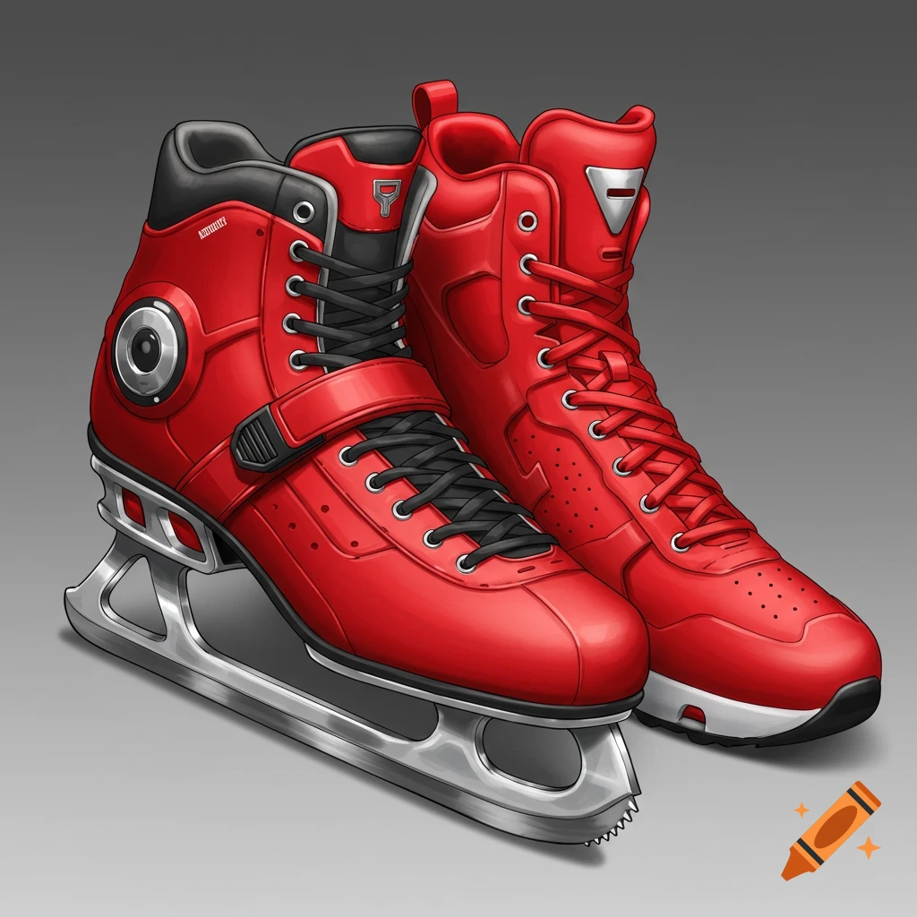 Red ice skates with sneaker features on a gray background.